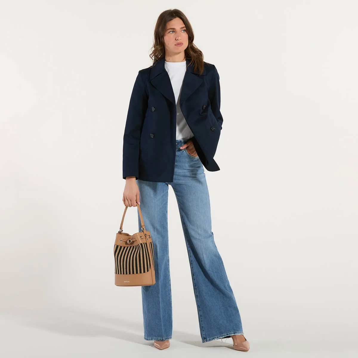 Add giacca doppiopetto corta in tessuto blu