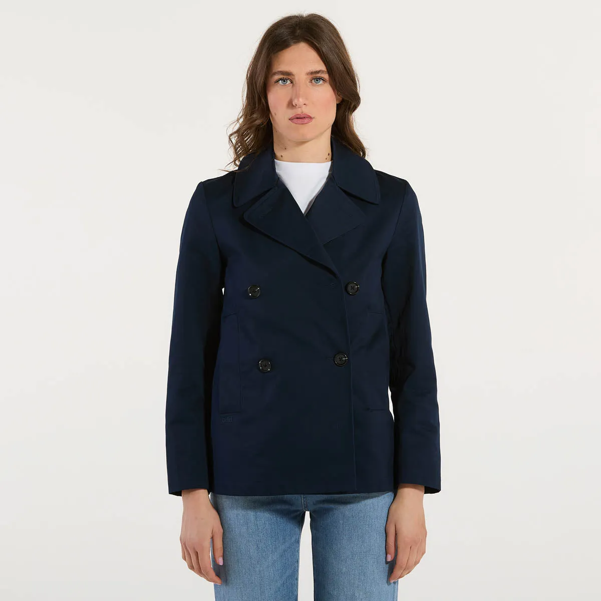 Add giacca doppiopetto corta in tessuto blu