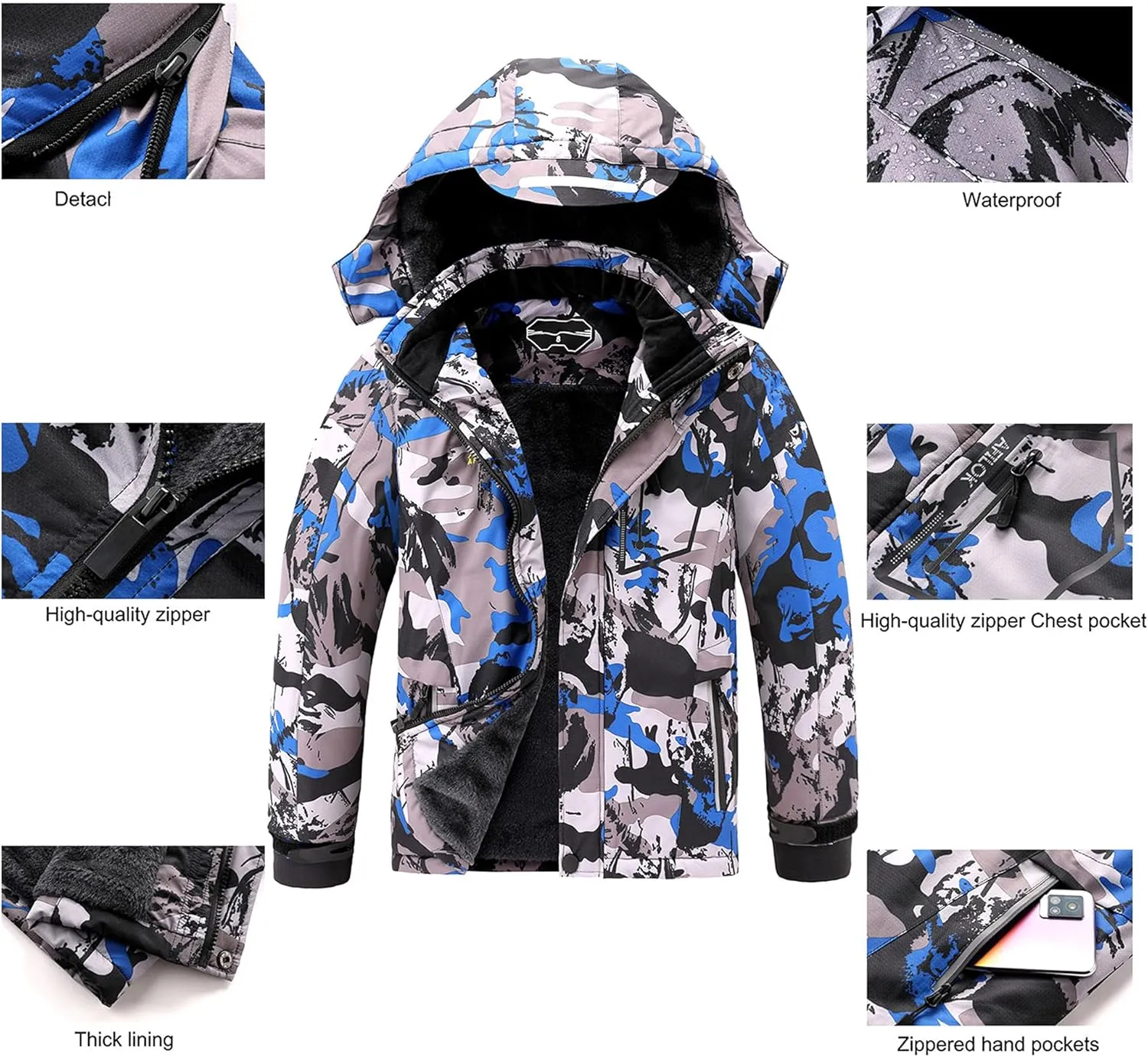 AFILOK Boy's Ski Jacket Waterproof Breathable Kids Fleece Lined Windproof Hooded Snowboard Coats