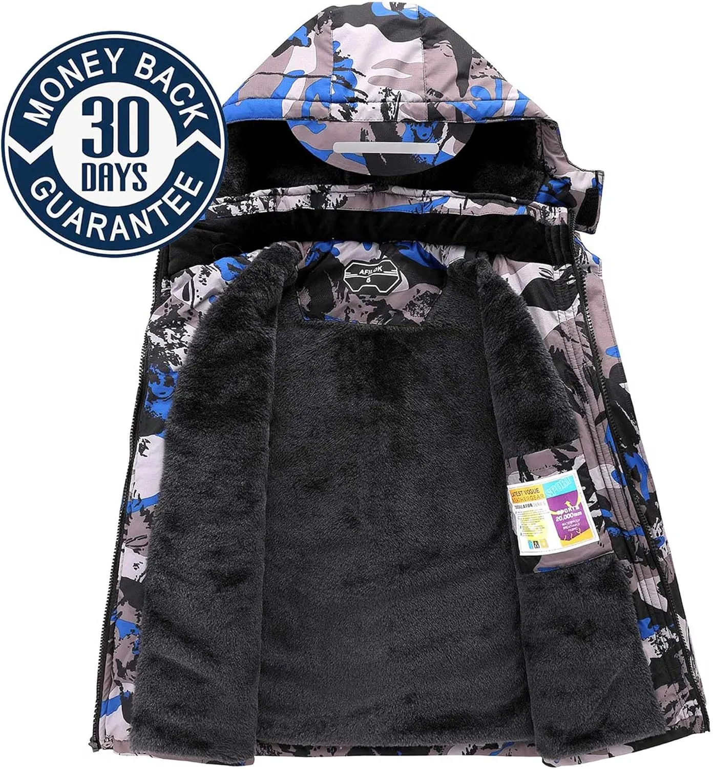 AFILOK Boy's Ski Jacket Waterproof Breathable Kids Fleece Lined Windproof Hooded Snowboard Coats