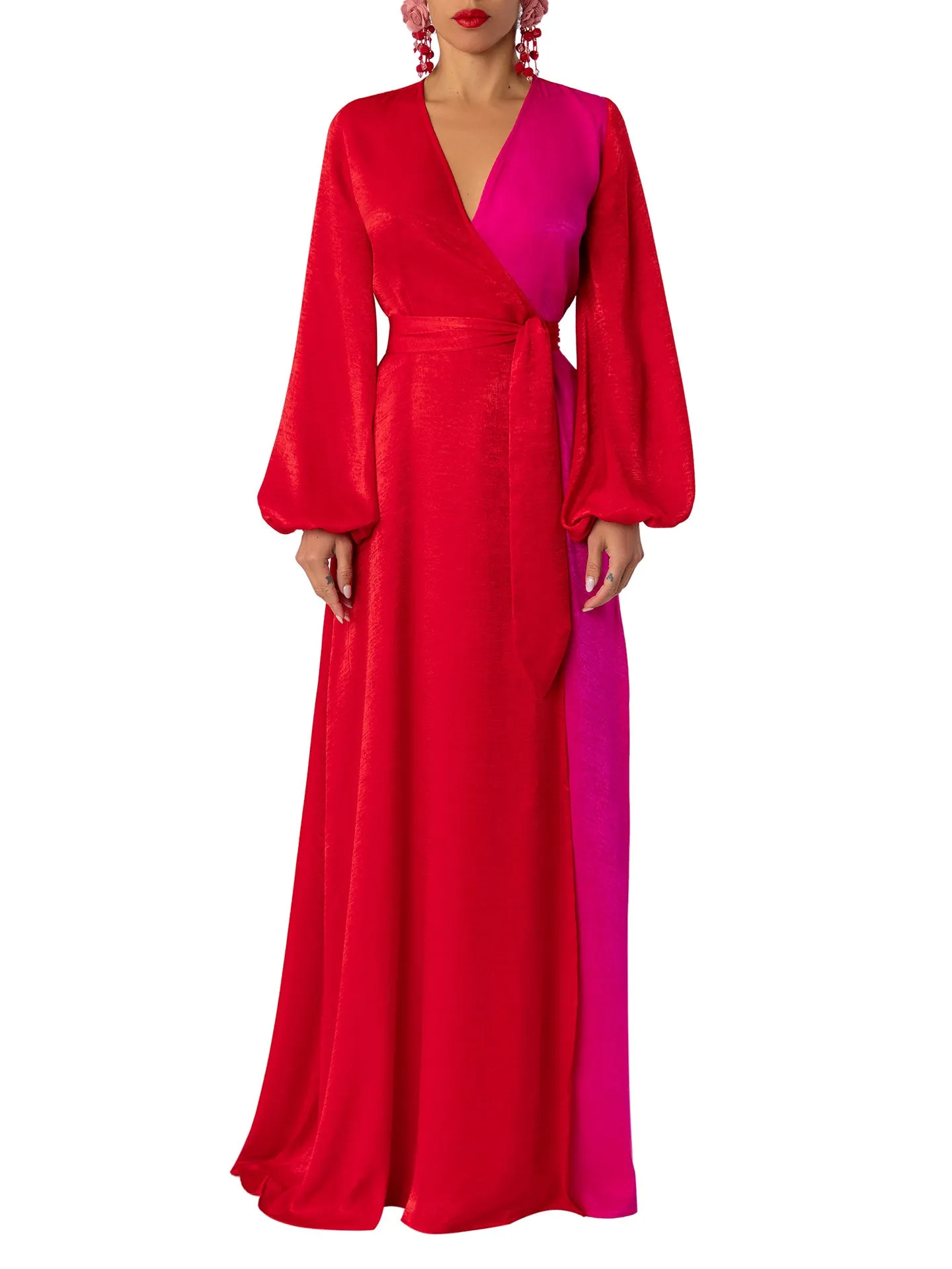 “Ara” Red/Magenta Colorblock Wrap Dress