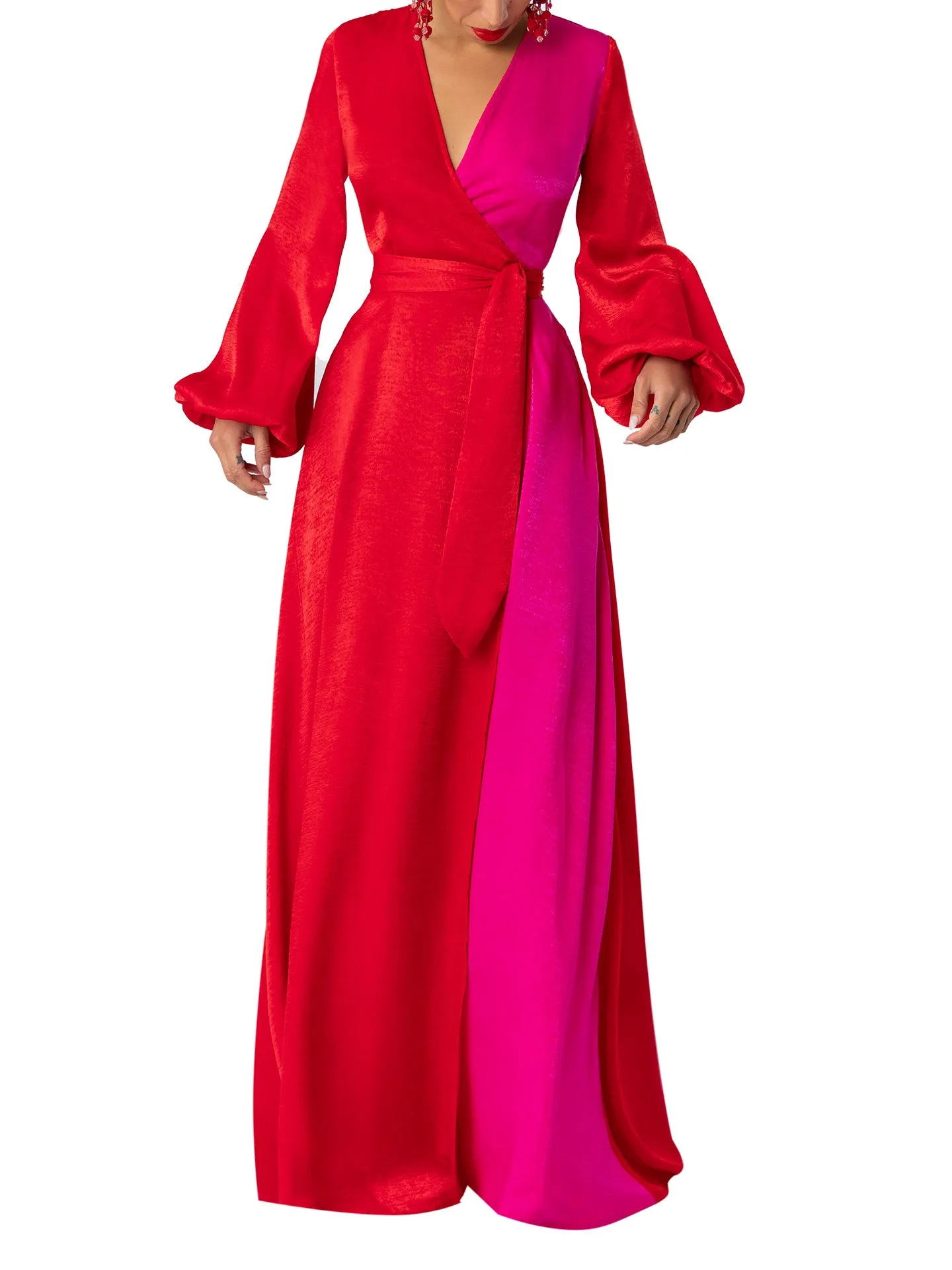 “Ara” Red/Magenta Colorblock Wrap Dress