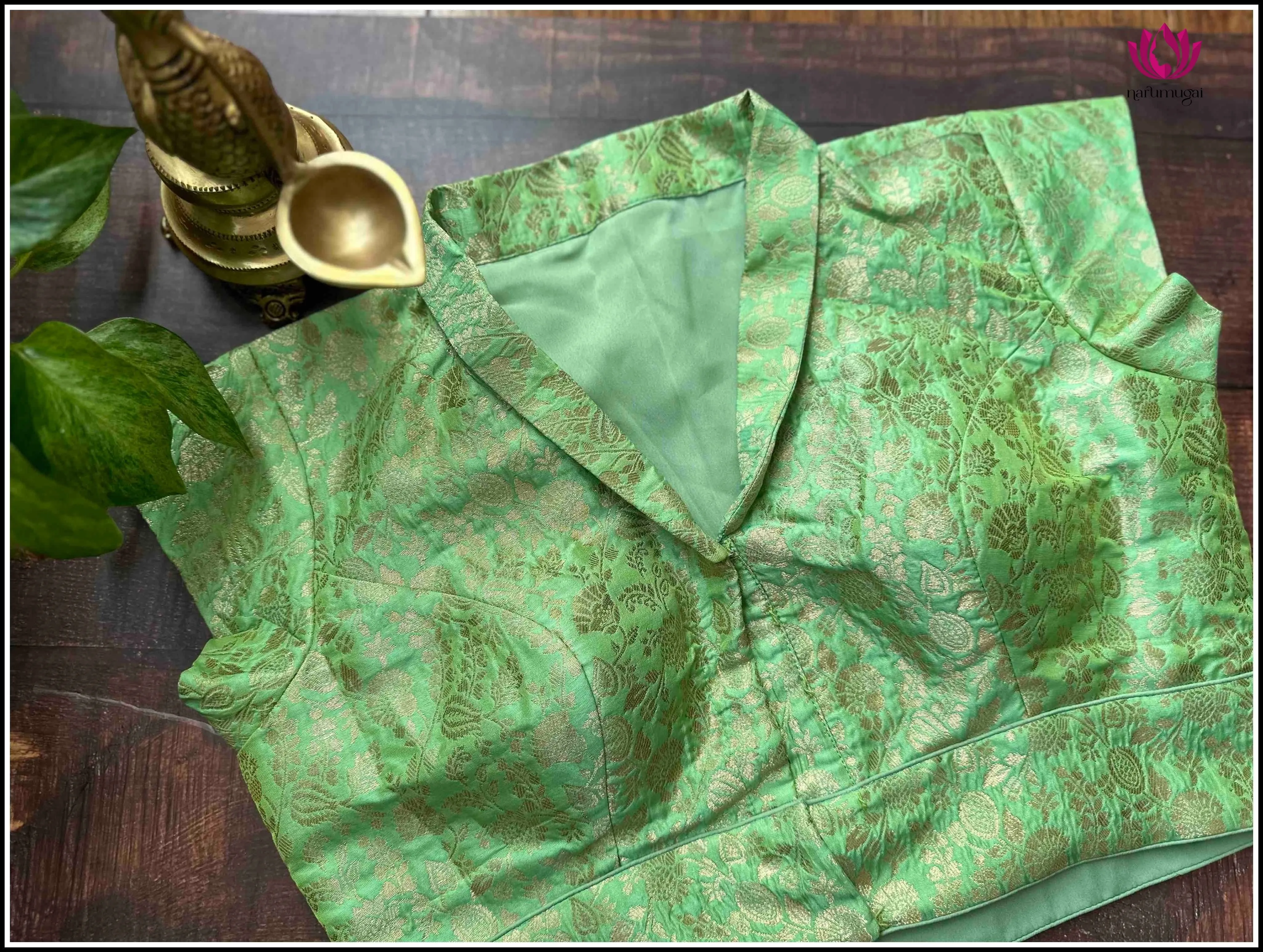 Banarasi Readymade Blouse in Green with Collar - Size 38