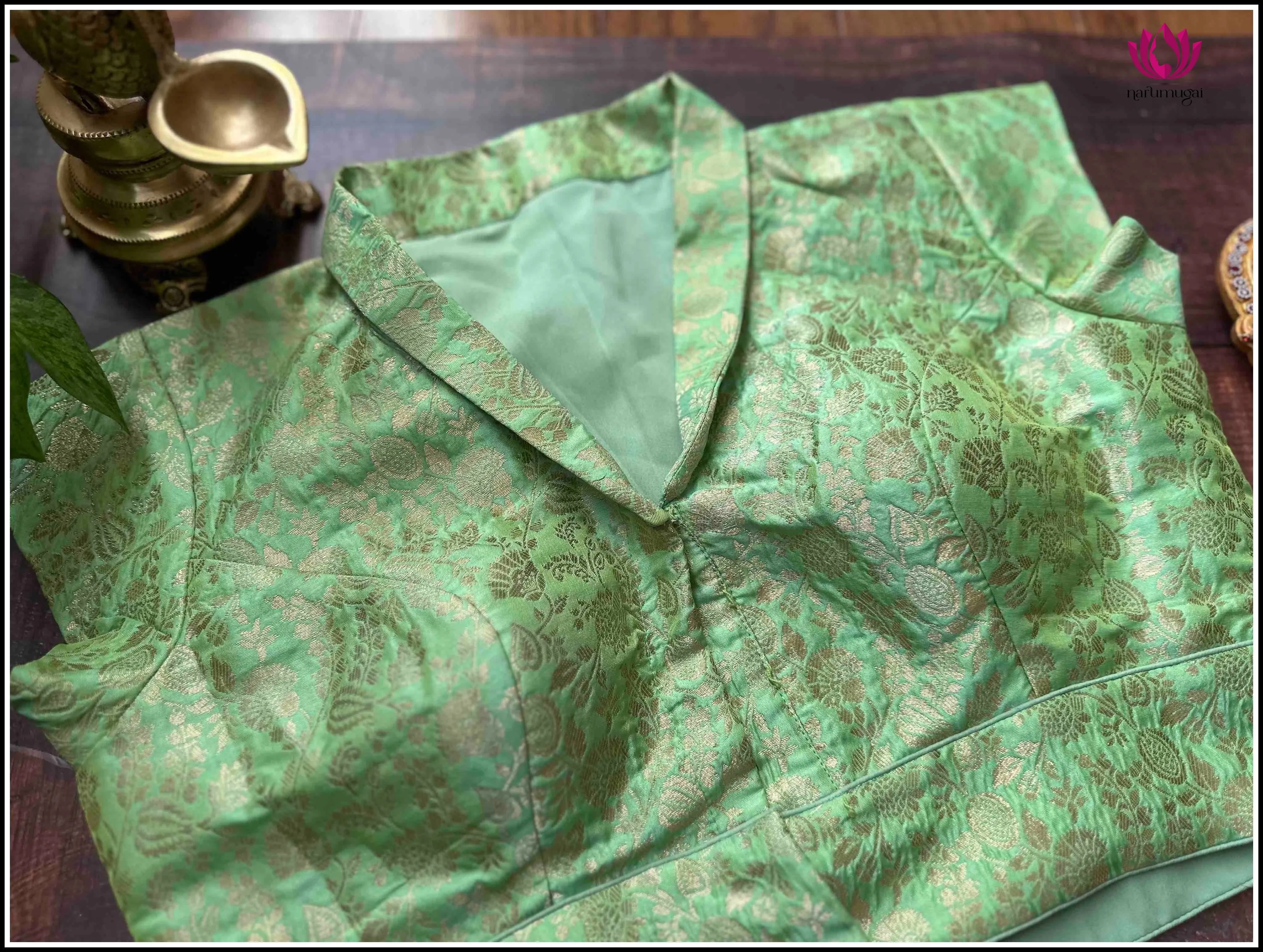 Banarasi Readymade Blouse in Green with Collar - Size 38