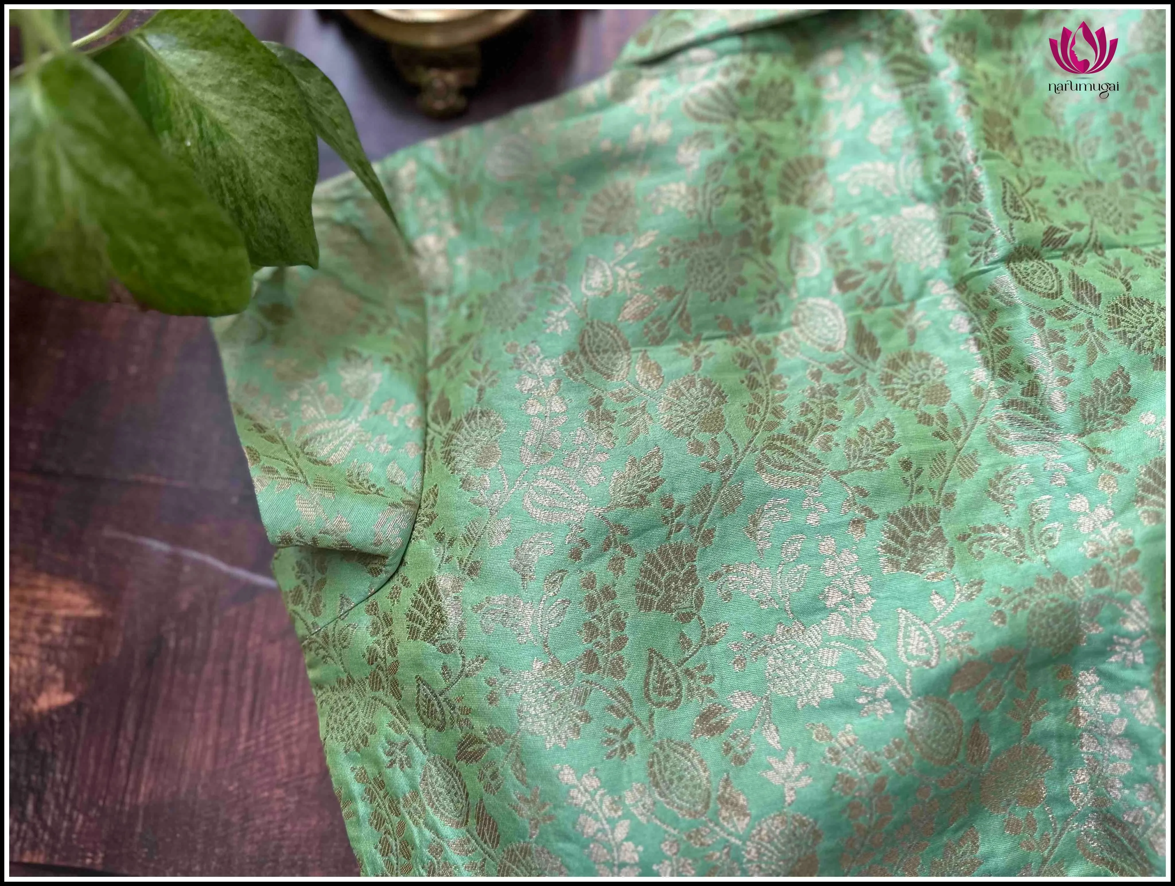 Banarasi Readymade Blouse in Green with Collar - Size 38