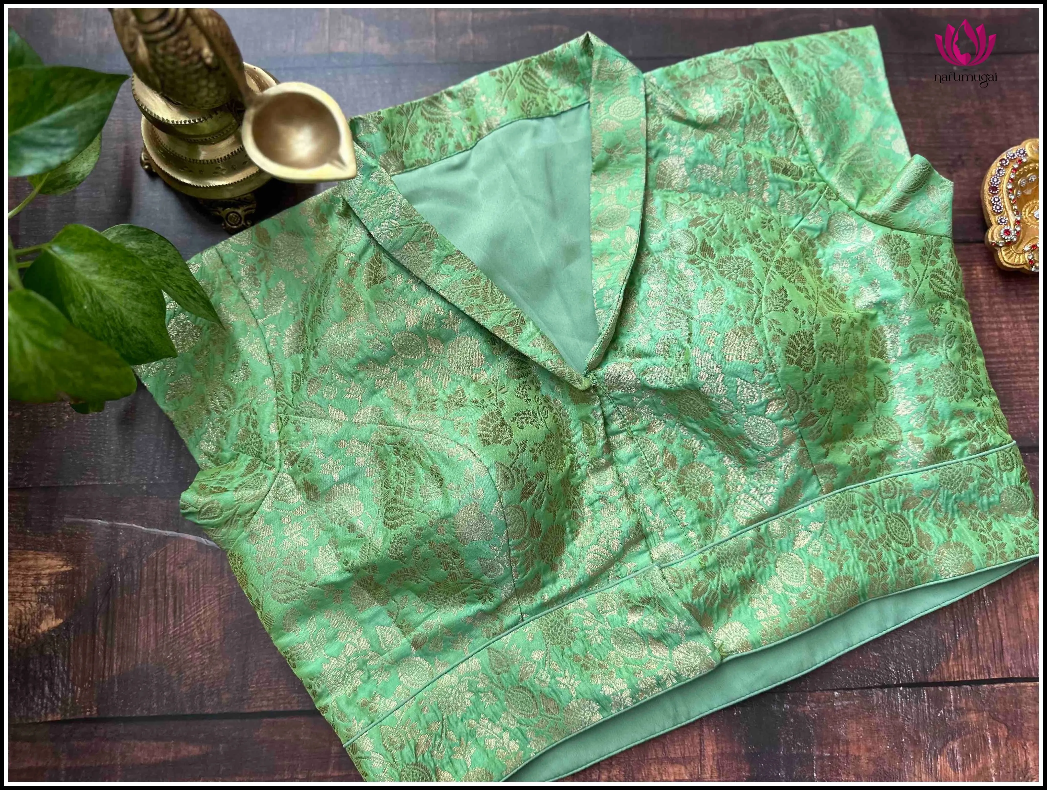 Banarasi Readymade Blouse in Green with Collar - Size 38