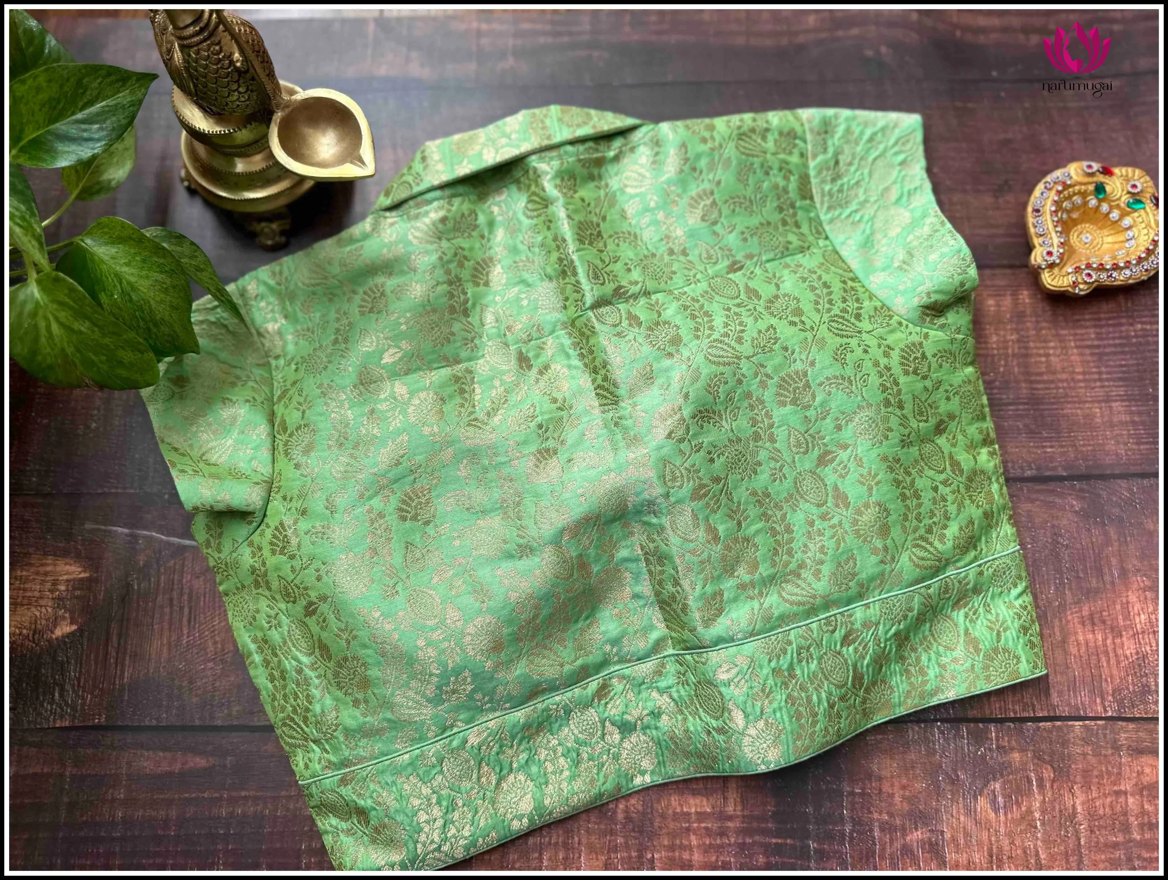 Banarasi Readymade Blouse in Green with Collar - Size 38