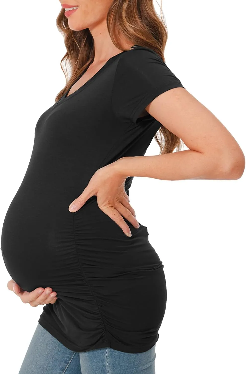 Bearsland Womens Maternity Tshirt Modal Classic Side Ruched Tee Top Mama Pregnancy Clothes