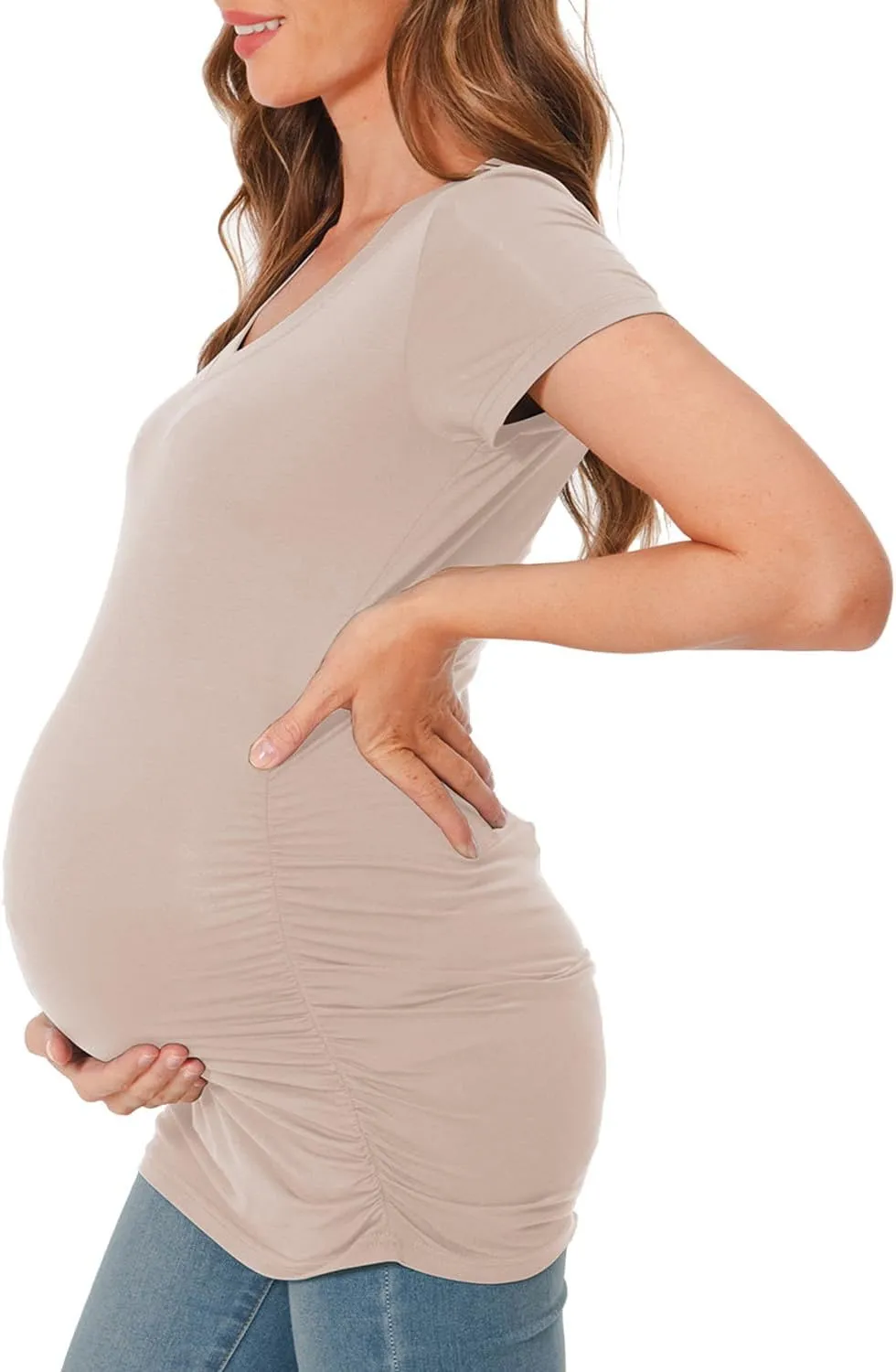 Bearsland Womens Maternity Tshirt Modal Classic Side Ruched Tee Top Mama Pregnancy Clothes
