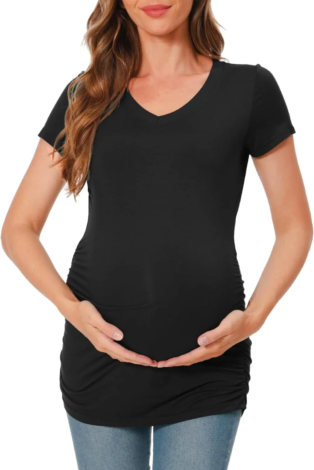 Bearsland Womens Maternity Tshirt Modal Classic Side Ruched Tee Top Mama Pregnancy Clothes