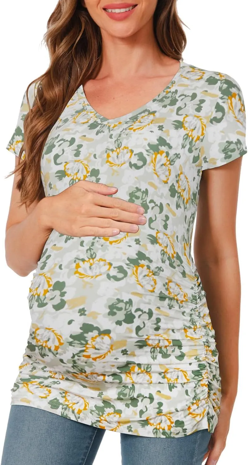 Bearsland Womens Maternity Tshirt Modal Classic Side Ruched Tee Top Mama Pregnancy Clothes