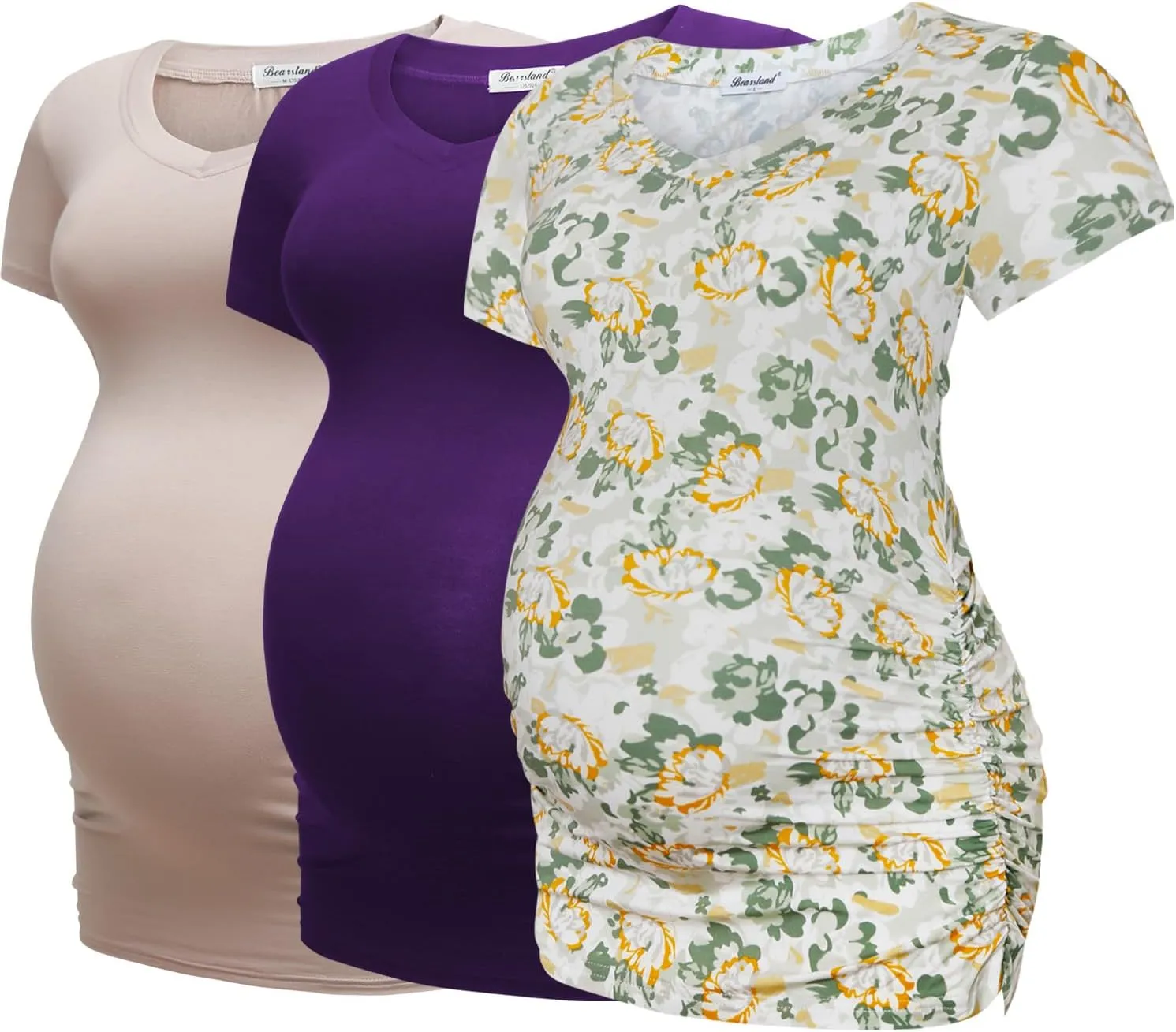 Bearsland Womens Maternity Tshirt Modal Classic Side Ruched Tee Top Mama Pregnancy Clothes