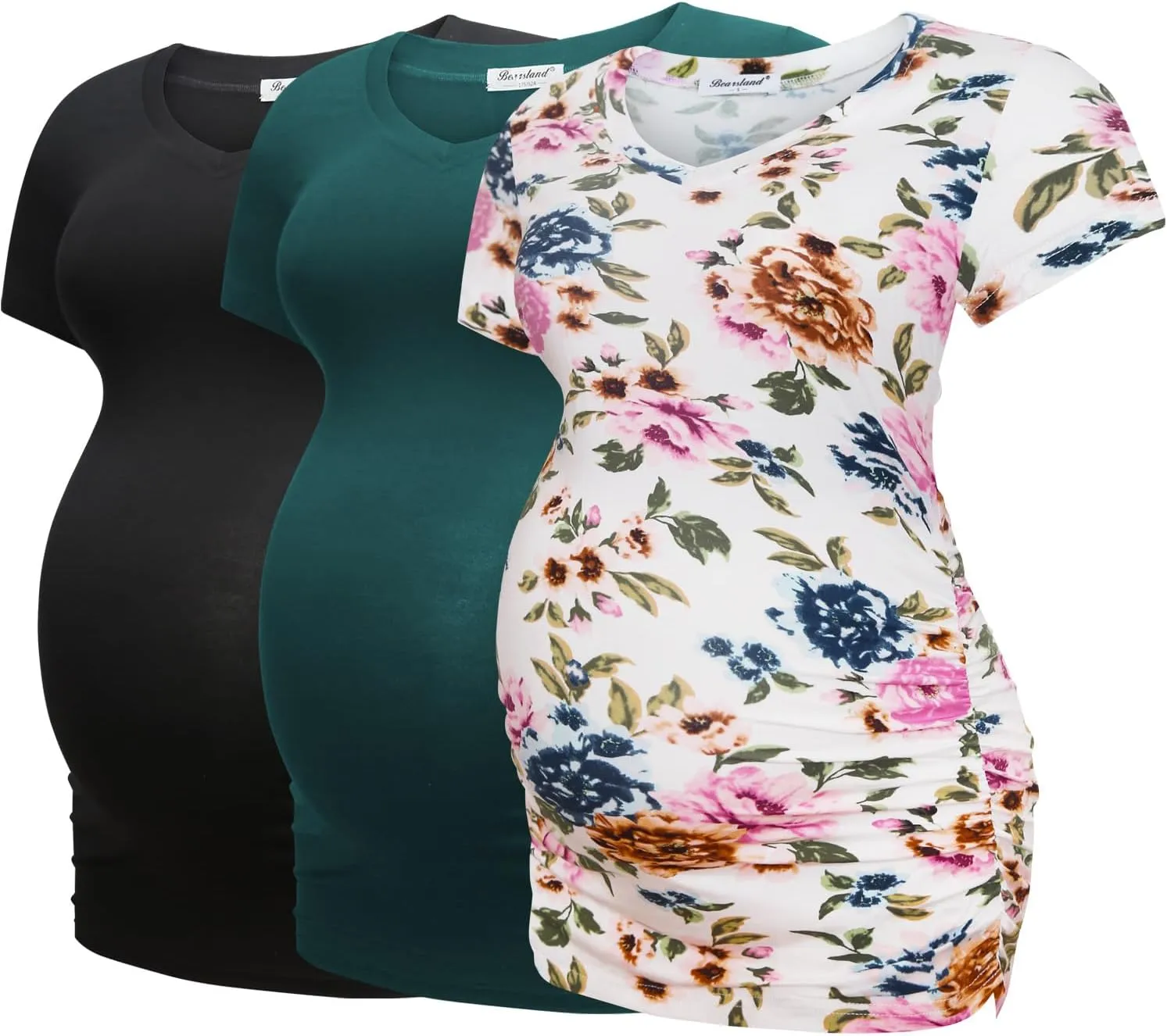 Bearsland Womens Maternity Tshirt Modal Classic Side Ruched Tee Top Mama Pregnancy Clothes
