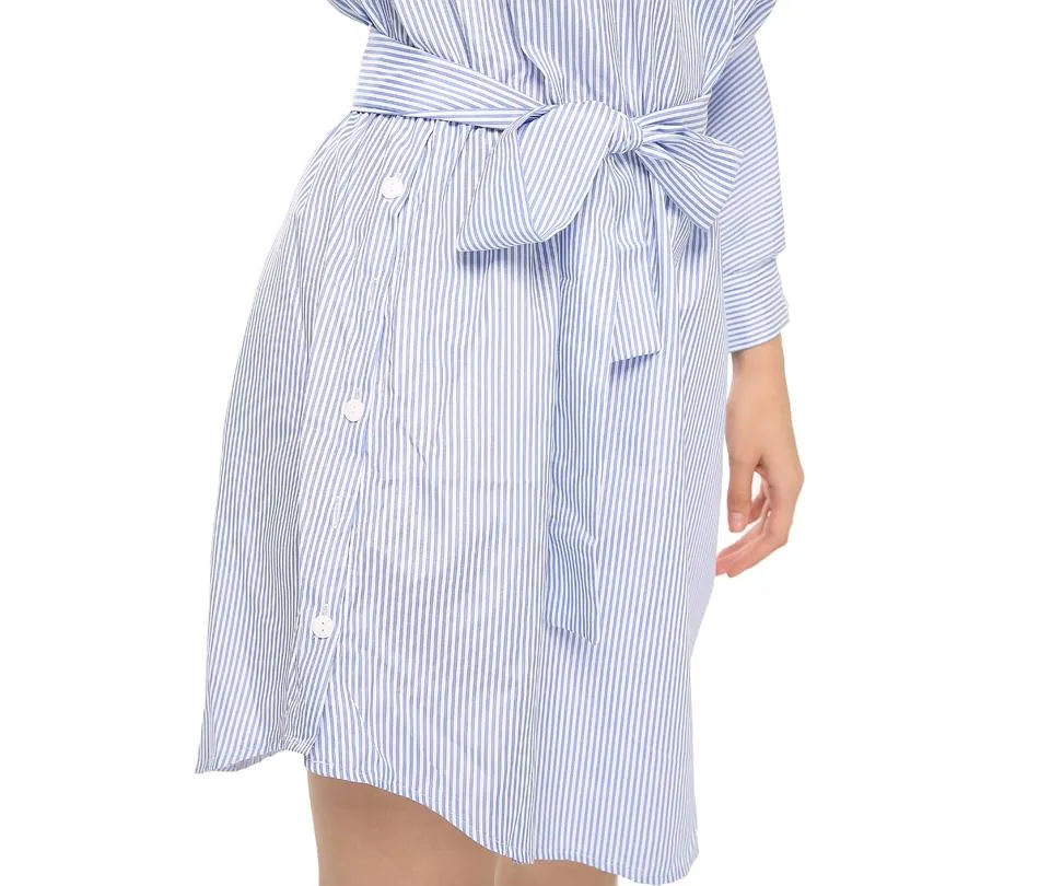Blue Striped Shirt Short Dress Mini Sexy Side Split Half Sleeve Beach Dresses Plus Size Sundress