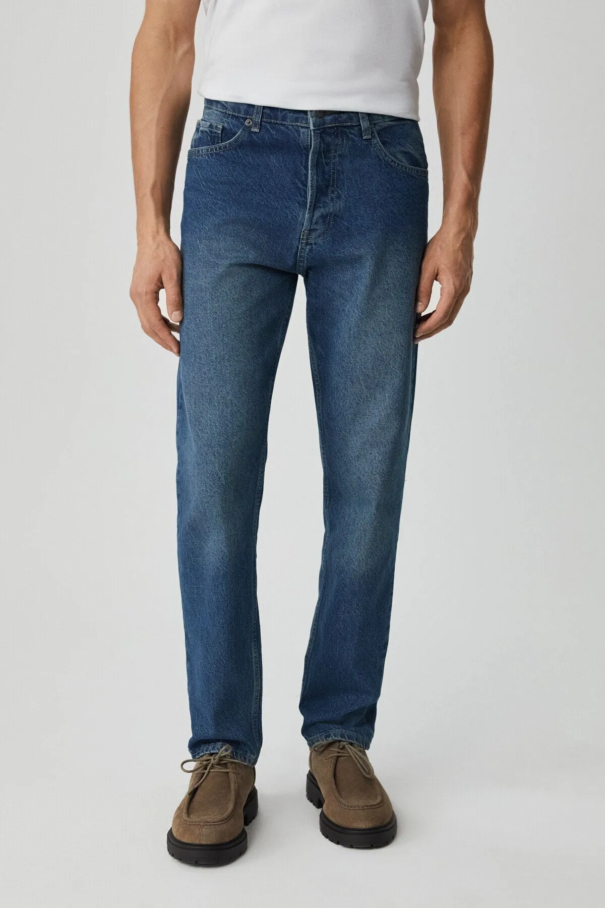 Bruno Men's Regular Fit Casual Cutting Thick textured washing washing effect Magic denim medium blue jeans