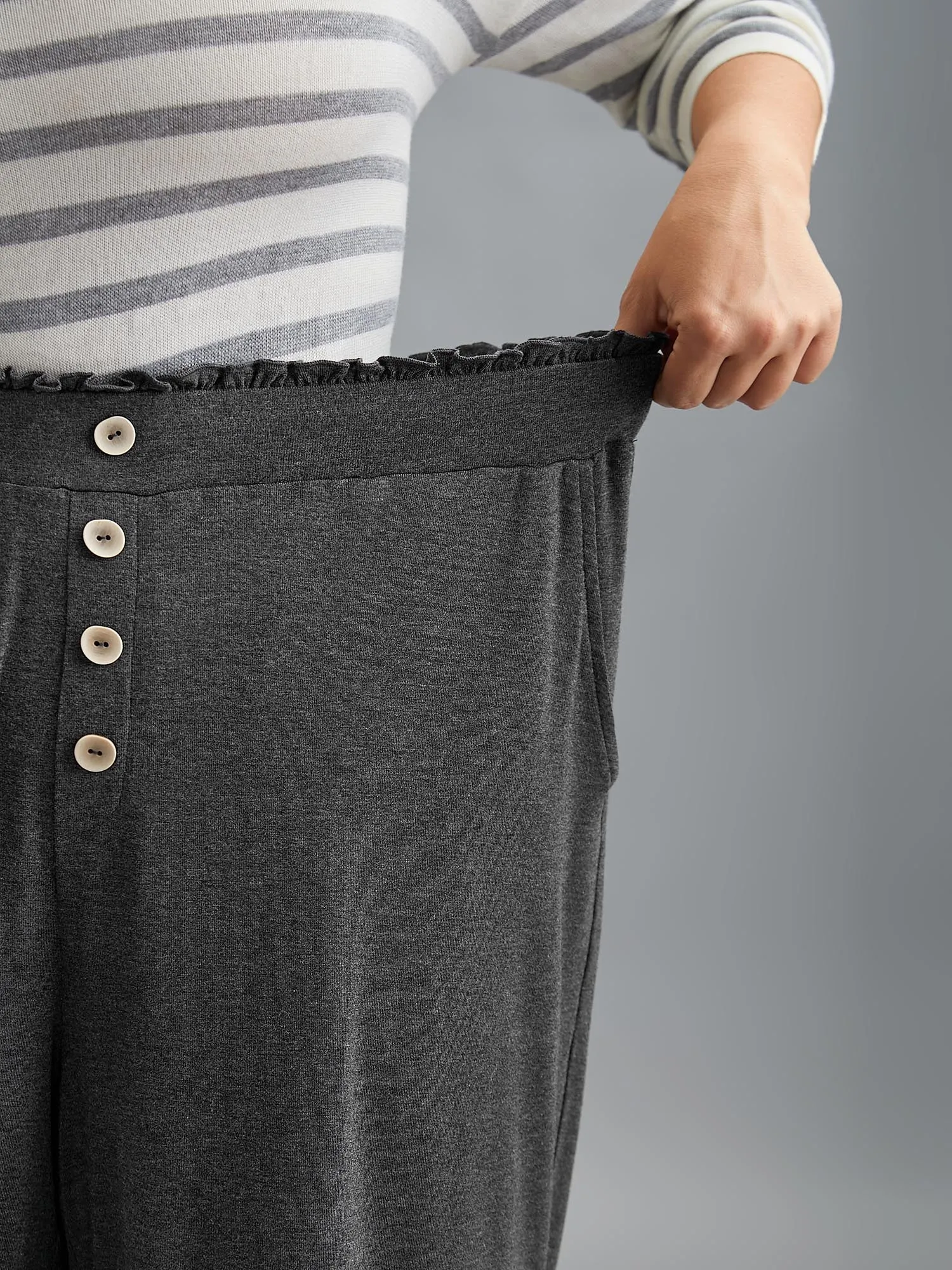 Button-Front Ruffled Waist Stretchy Pants
