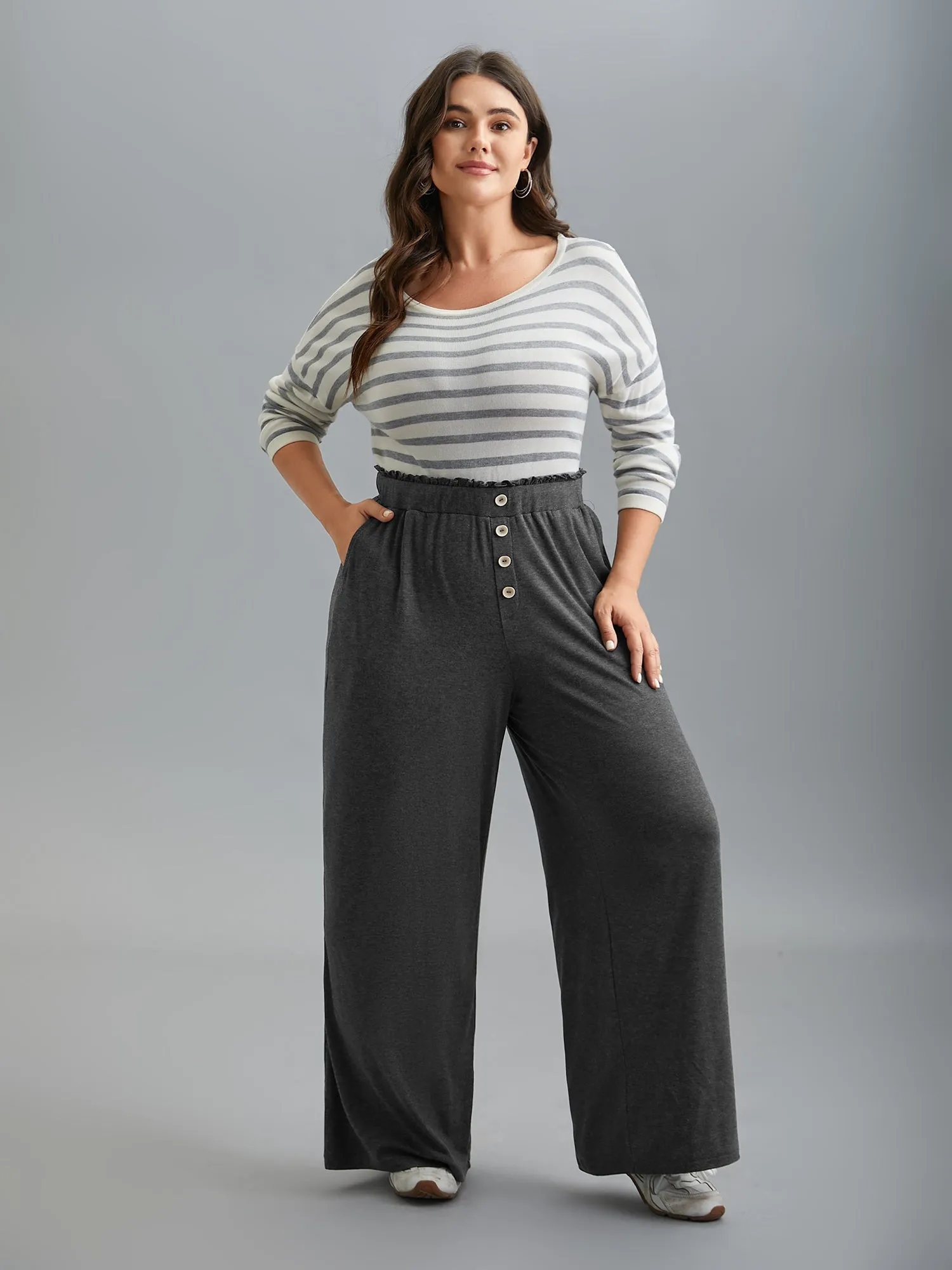 Button-Front Ruffled Waist Stretchy Pants