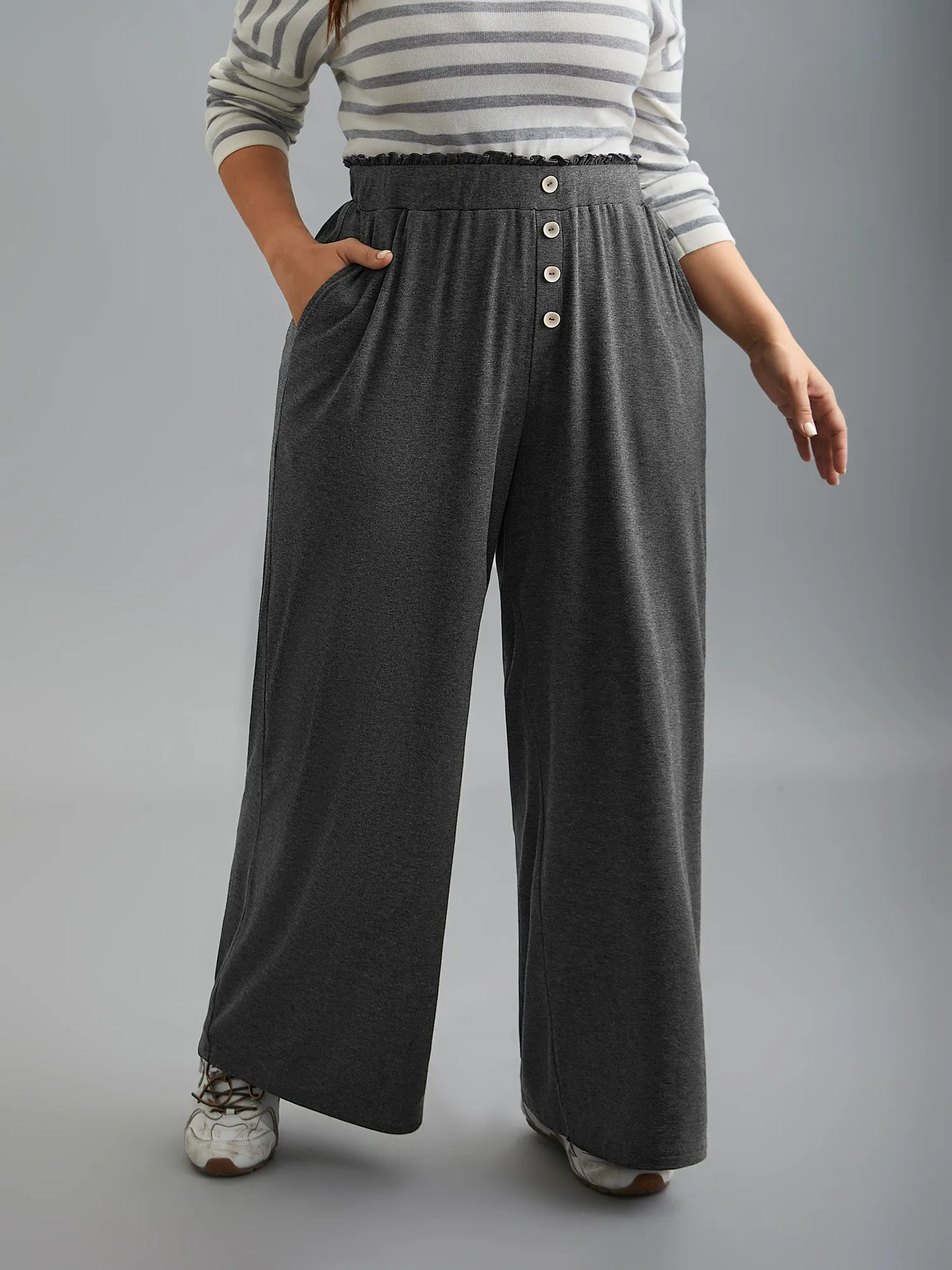 Button-Front Ruffled Waist Stretchy Pants