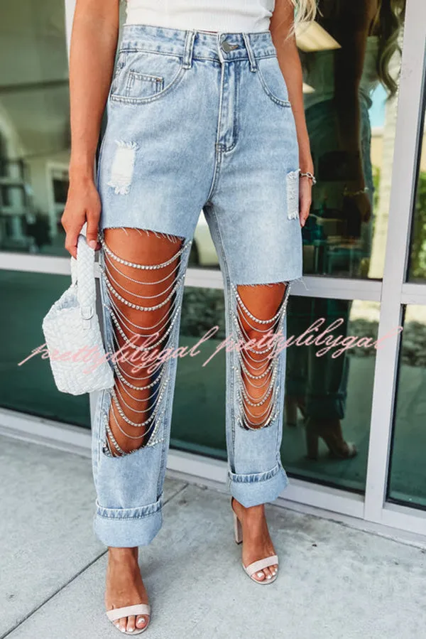 Casual Pocket Ripped Chain Embellished Straight Jeans