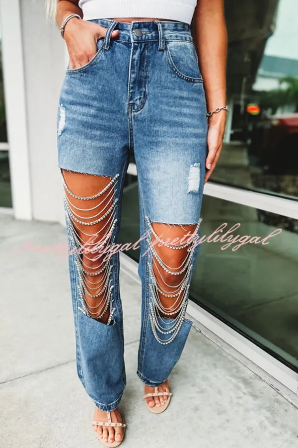 Casual Pocket Ripped Chain Embellished Straight Jeans