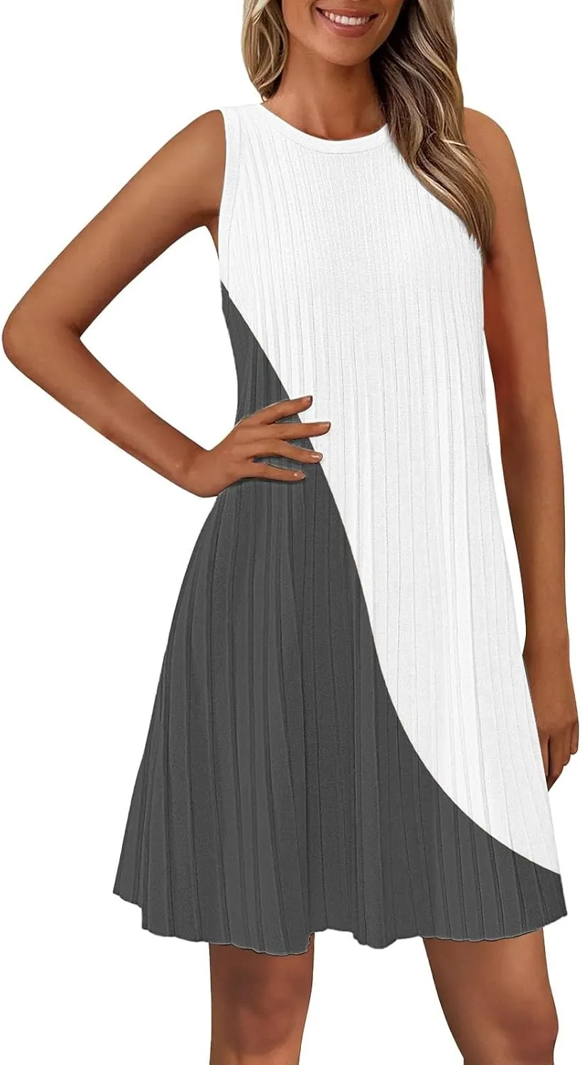 Casual Summer Dresses for Women 2025,Womens Fashionable Two-Color Mini Dress Boatneck Loose Fit Tank A Line Beach Dress