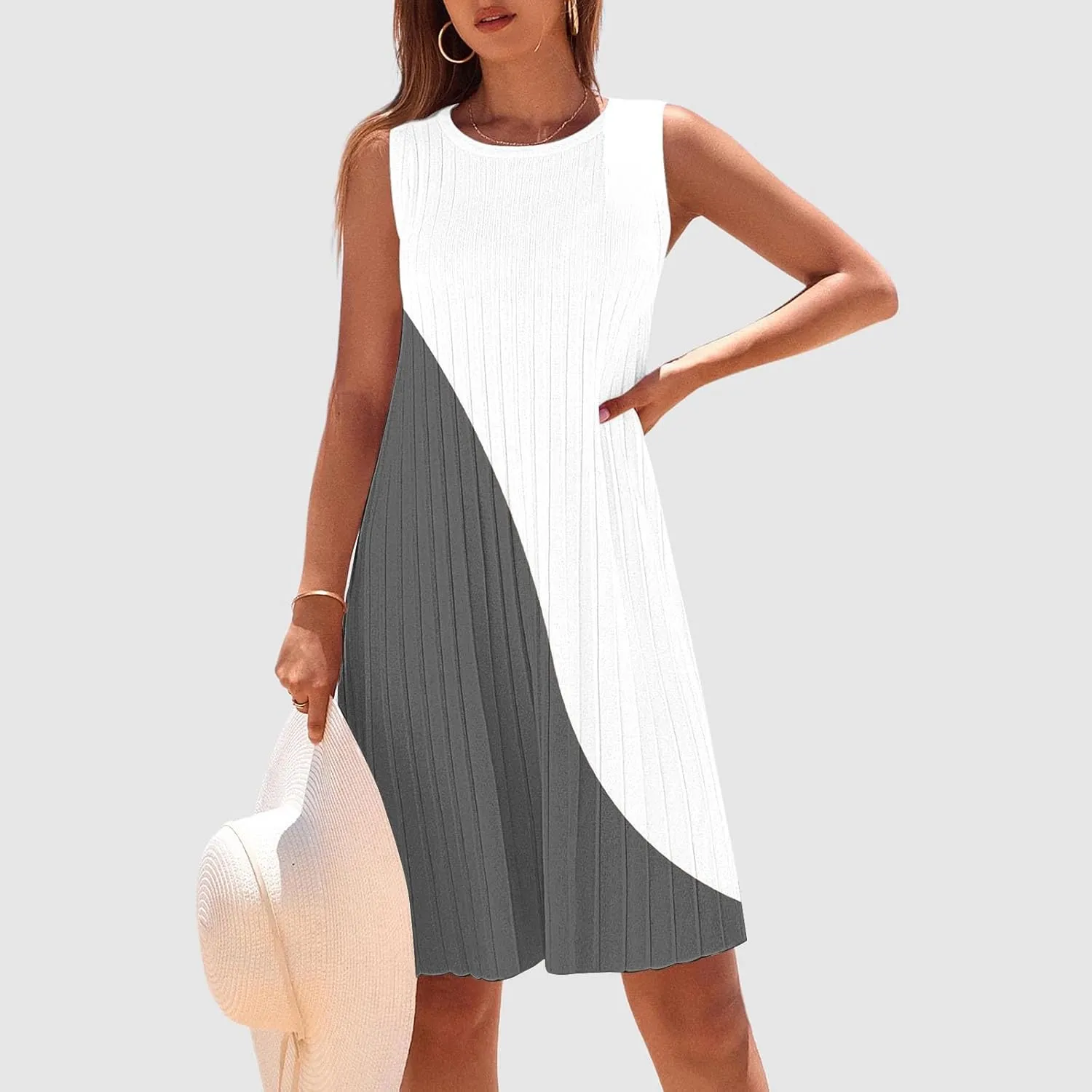 Casual Summer Dresses for Women 2025,Womens Fashionable Two-Color Mini Dress Boatneck Loose Fit Tank A Line Beach Dress