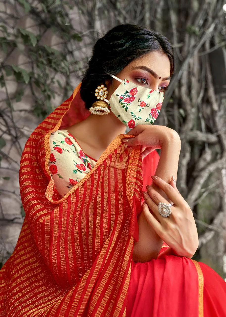 Designer Red Chiffon Saree with Double Blouse and Mask SAT09