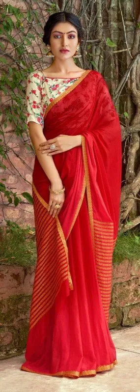 Designer Red Chiffon Saree with Double Blouse and Mask SAT09