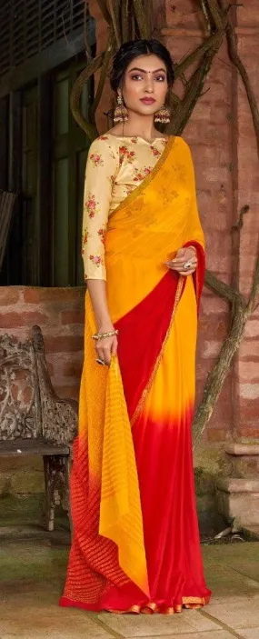 Designer Shaded Red Yellow Chiffon Saree with Double Blouse and Mask SAT04