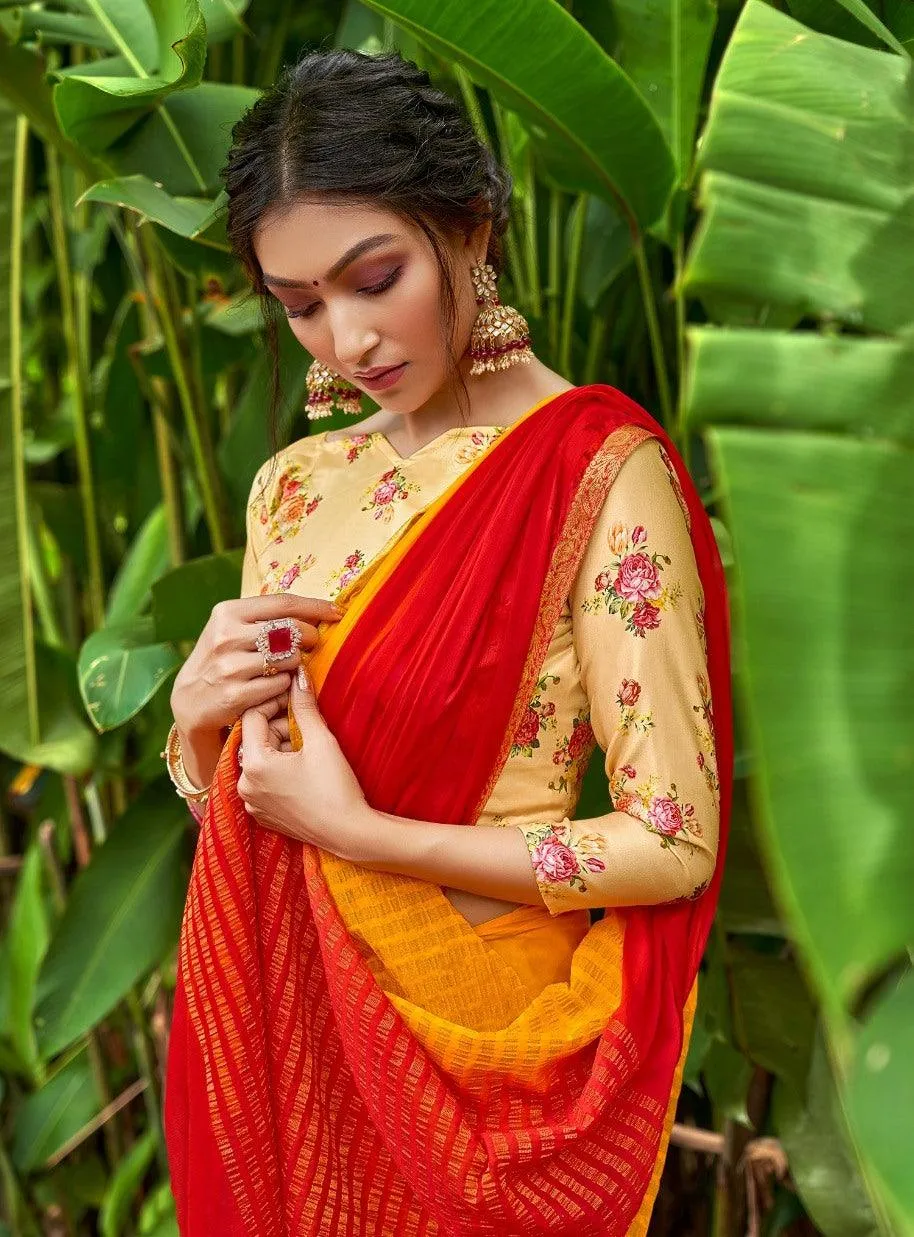 Designer Shaded Red Yellow Chiffon Saree with Double Blouse and Mask SAT04