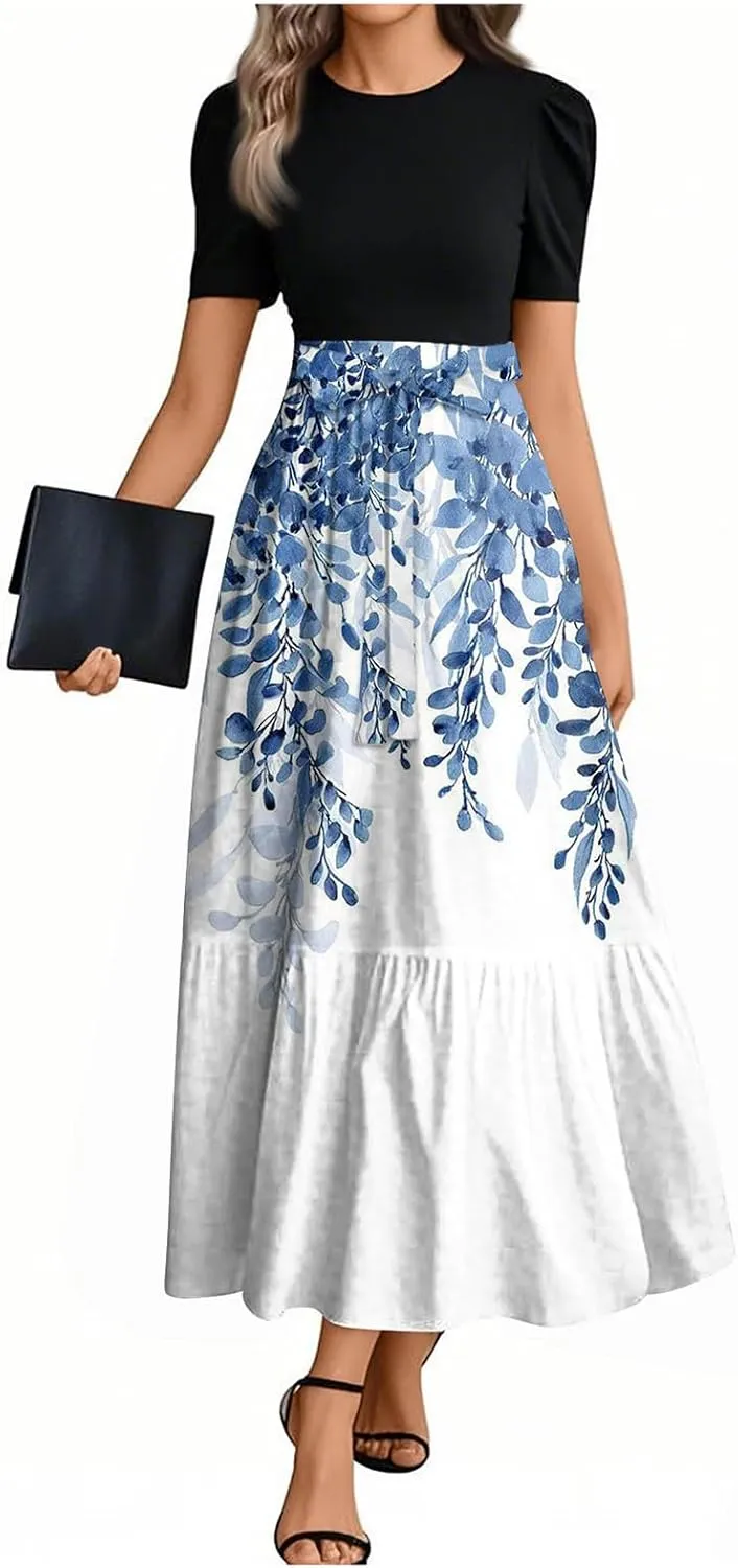 Dresses for Women 2025 Floral Print Elegant Tie Belted Patchwork Empire Waist Short Sleeve Modest Flowy Maxi Dress