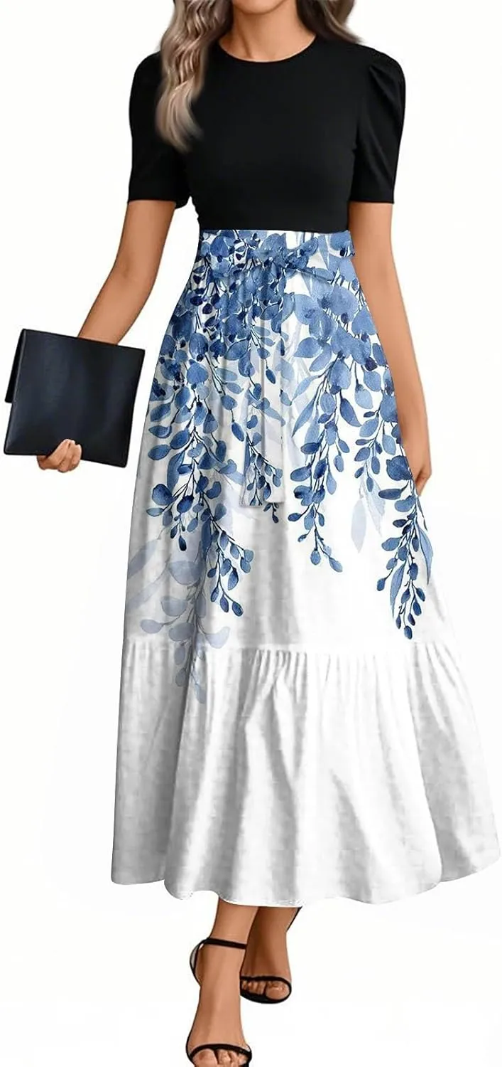 Dresses for Women 2025 Floral Print Elegant Tie Belted Patchwork Empire Waist Short Sleeve Modest Flowy Maxi Dress