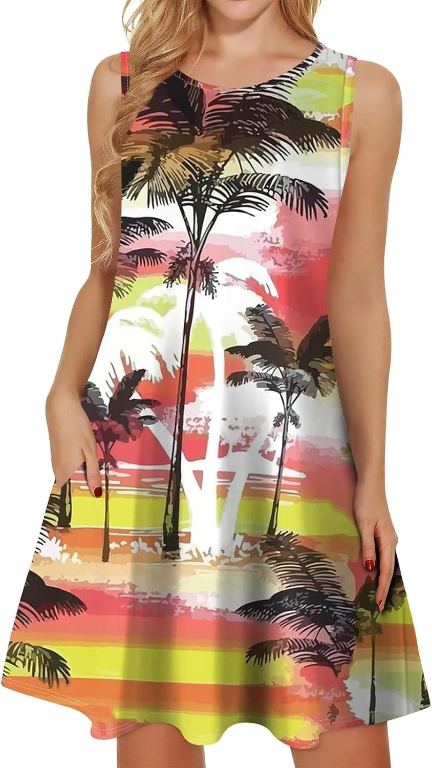Dresses for Women Sleeveless U Neck Vest Dress Printed Vintage Dress Loose Stylish Dresses Elegant Flowy Sundresses