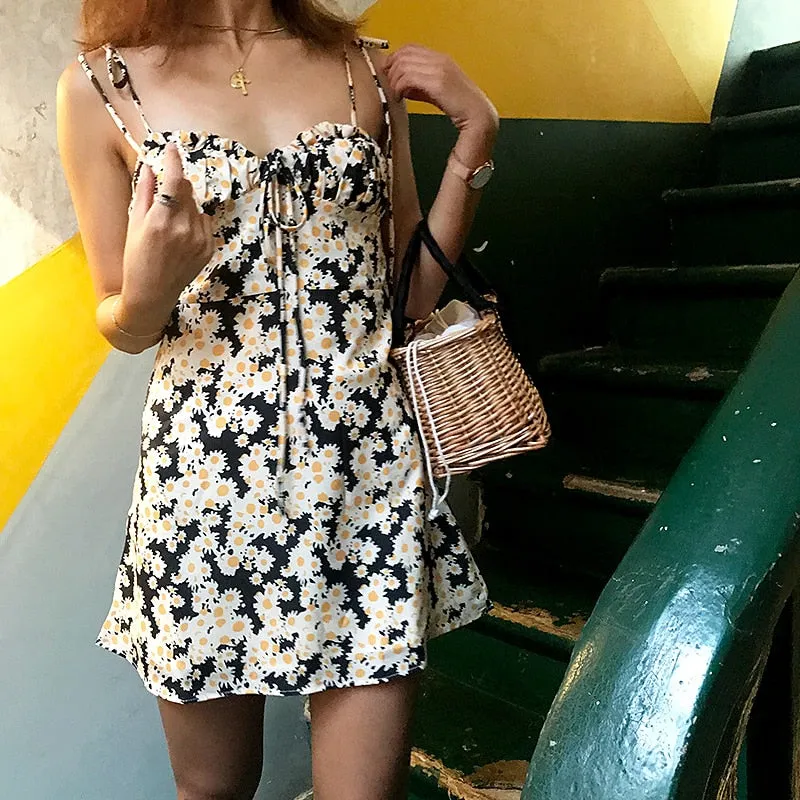 Elegant Yellow Floral Tunic Cami Vintage Dress