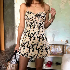 Elegant Yellow Floral Tunic Cami Vintage Dress