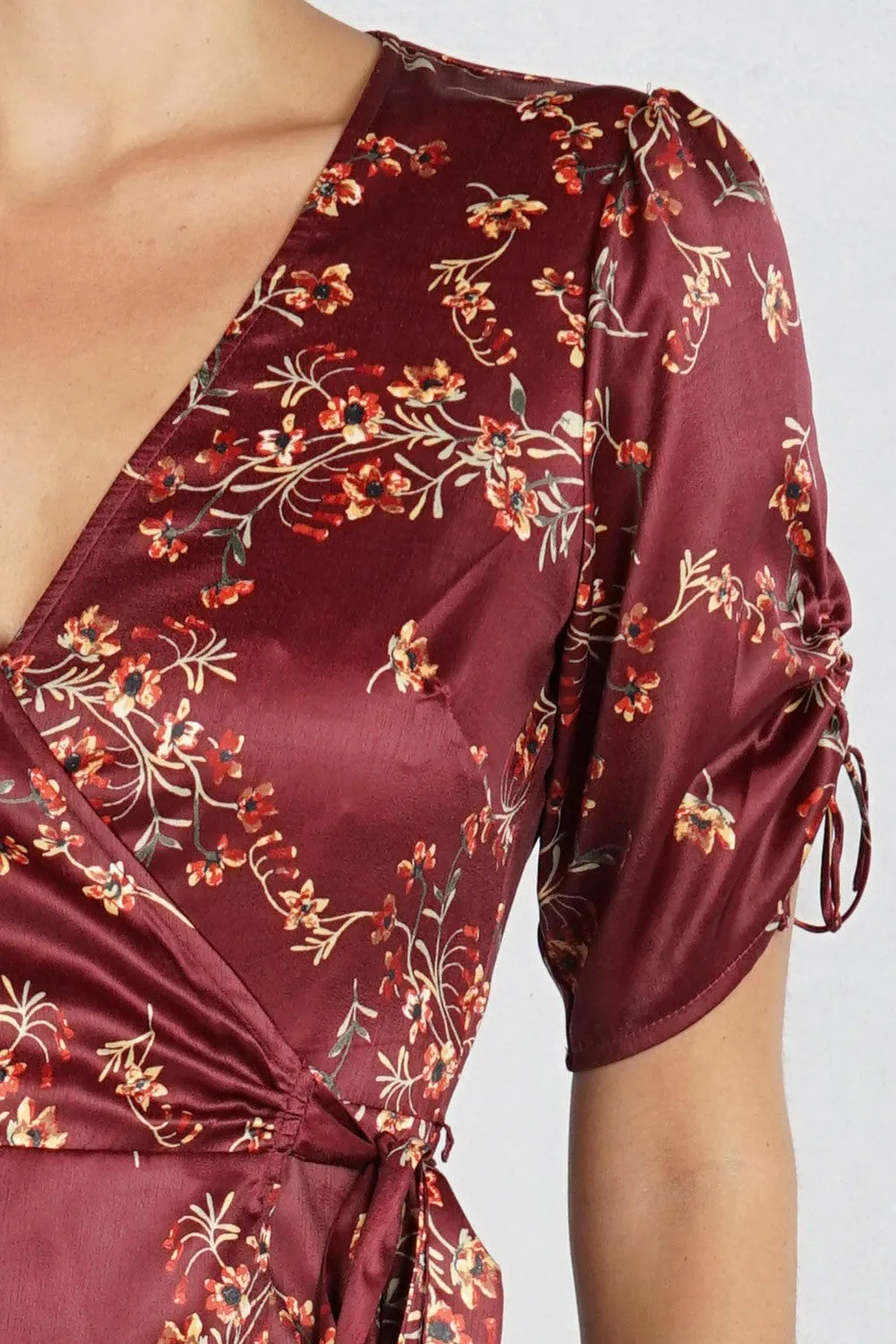 Floral Ruched Sleeve Mini Wrap Dress