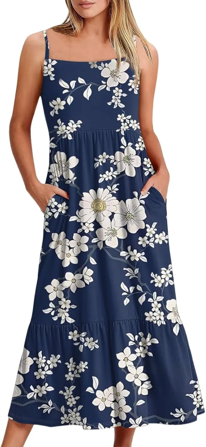 Flowy Summer Dress, Trendy Vacation Beach Casual Elegant Midi Womens Sundress