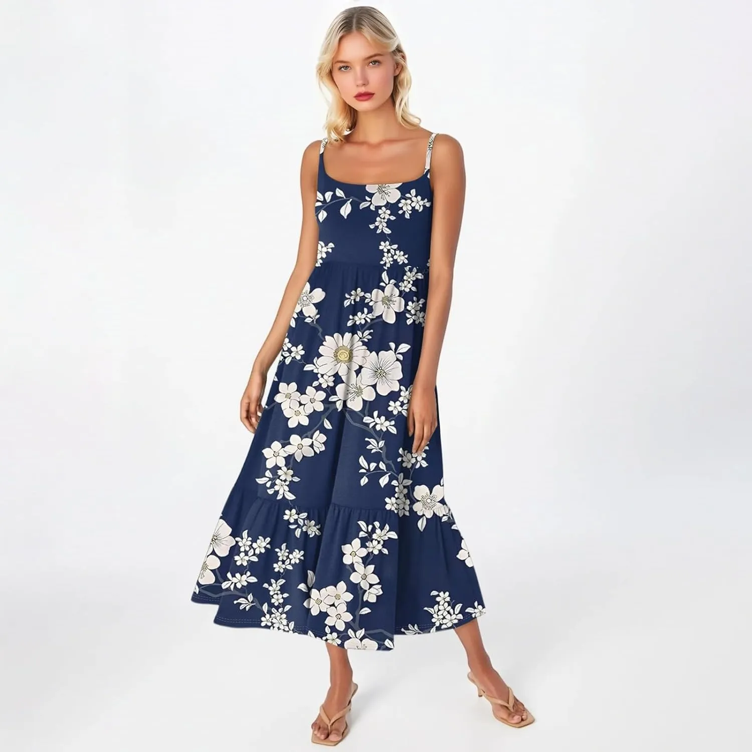 Flowy Summer Dress, Trendy Vacation Beach Casual Elegant Midi Womens Sundress