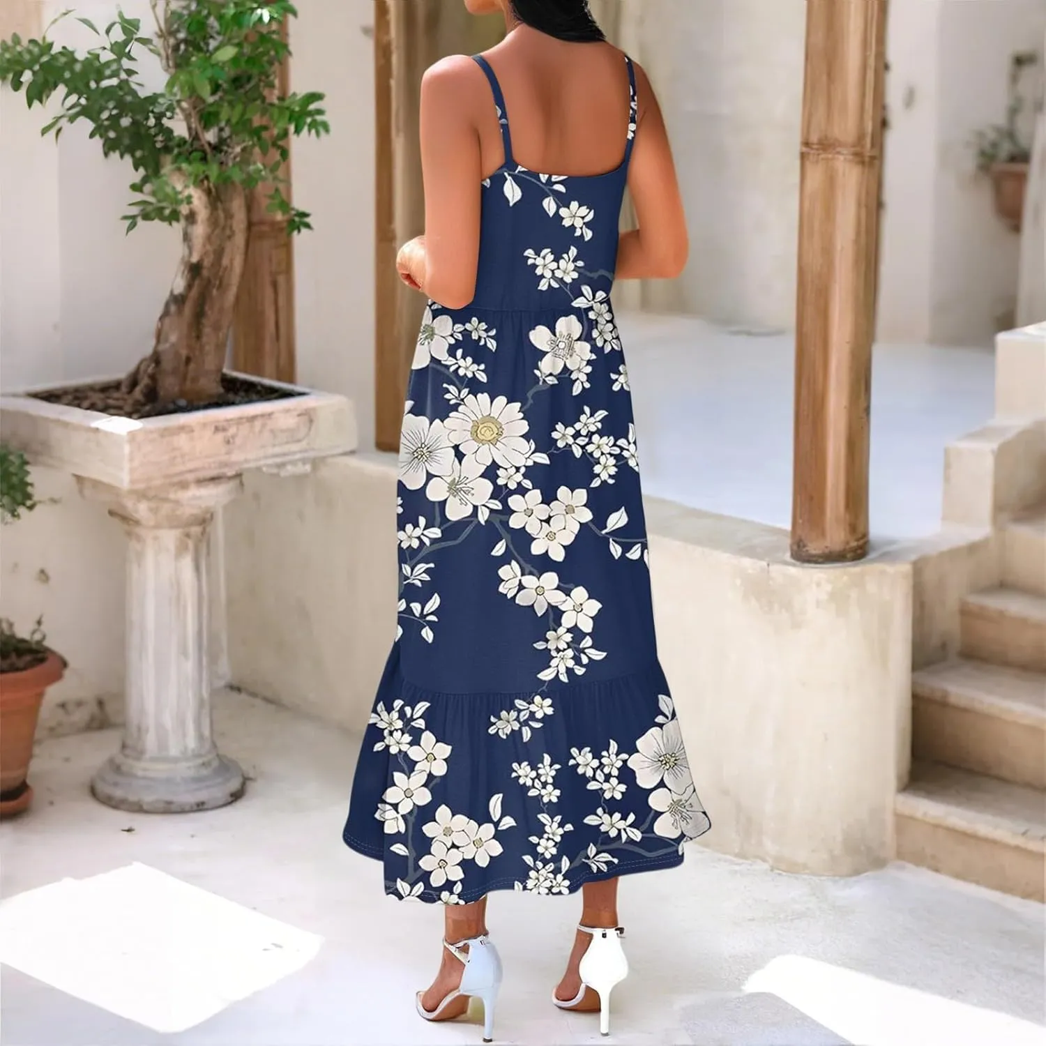 Flowy Summer Dress, Trendy Vacation Beach Casual Elegant Midi Womens Sundress