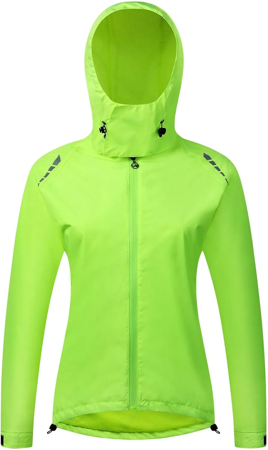 Fractilian Cycling Jacket Women's Rain Jacket Waterproof Breathable with Hood Windbreaker Reflective
