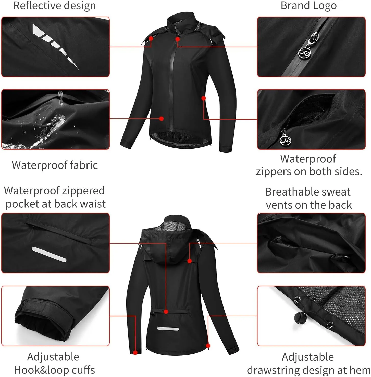 Fractilian Cycling Jacket Women's Rain Jacket Waterproof Breathable with Hood Windbreaker Reflective