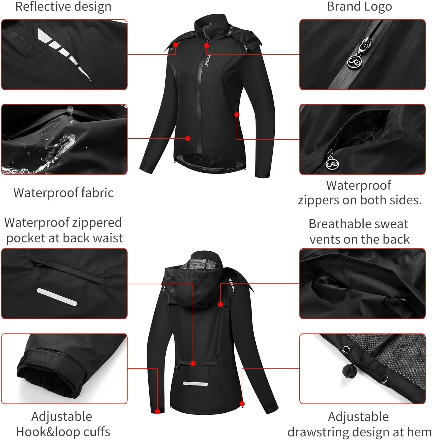 Fractilian Cycling Jacket Women's Rain Jacket Waterproof Breathable with Hood Windbreaker Reflective