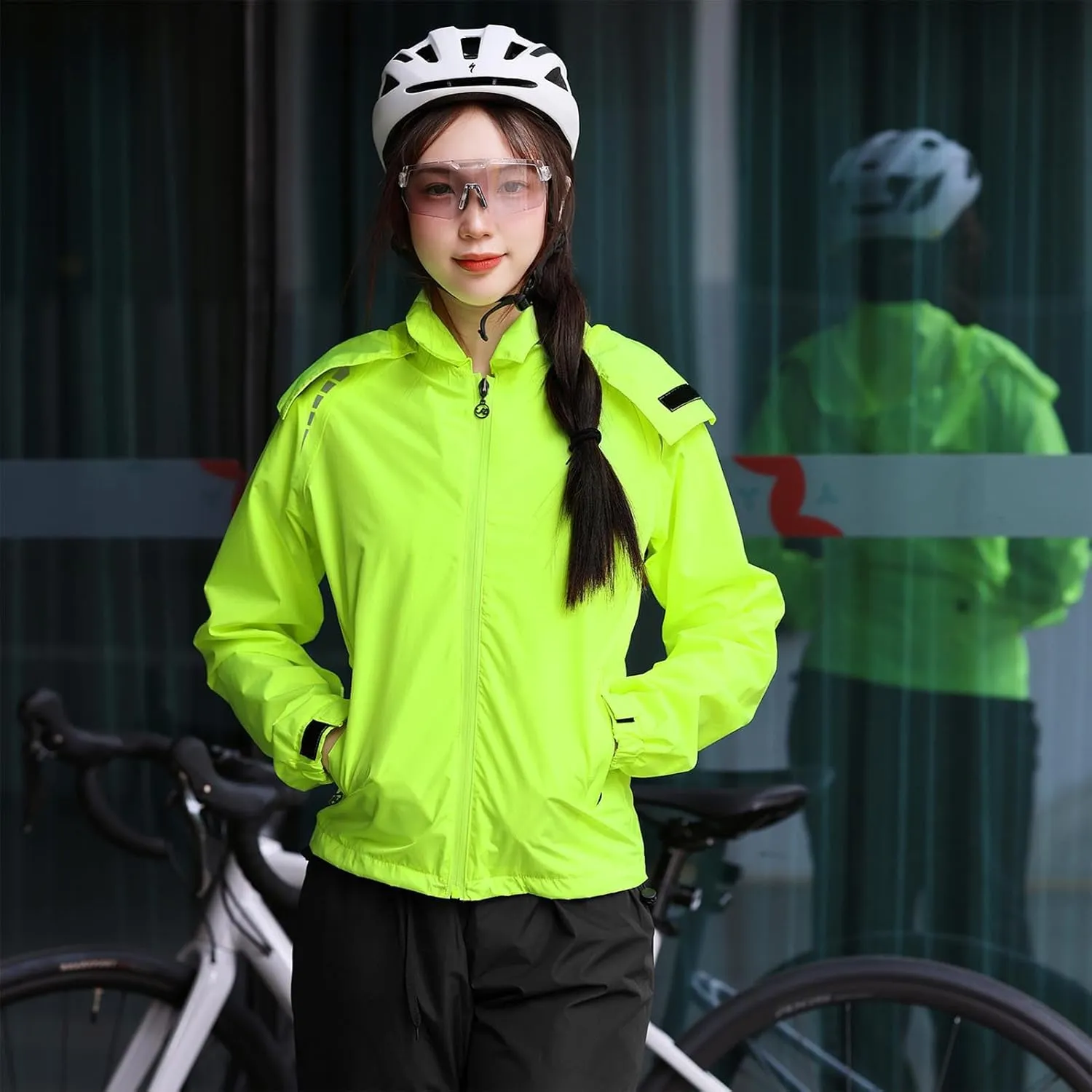 Fractilian Cycling Jacket Women's Rain Jacket Waterproof Breathable with Hood Windbreaker Reflective