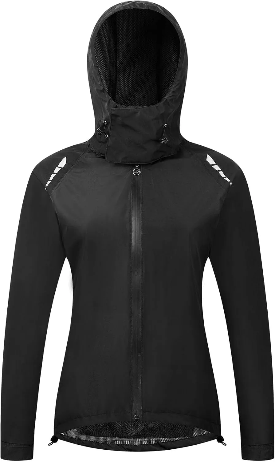 Fractilian Cycling Jacket Women's Rain Jacket Waterproof Breathable with Hood Windbreaker Reflective