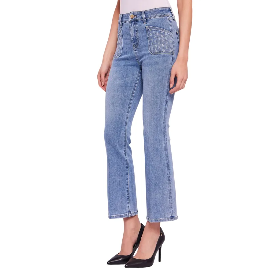 Gaudì pantalone jeans da donna a vita alta con strass alle tasche a zampa 511BD26004 00 blu chiaro