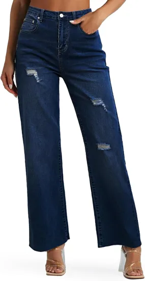Genleck Women's Wide Leg Jeans - Casual High Waisted Stretchy Jeans Straight Leg Denim Pants with Pockets