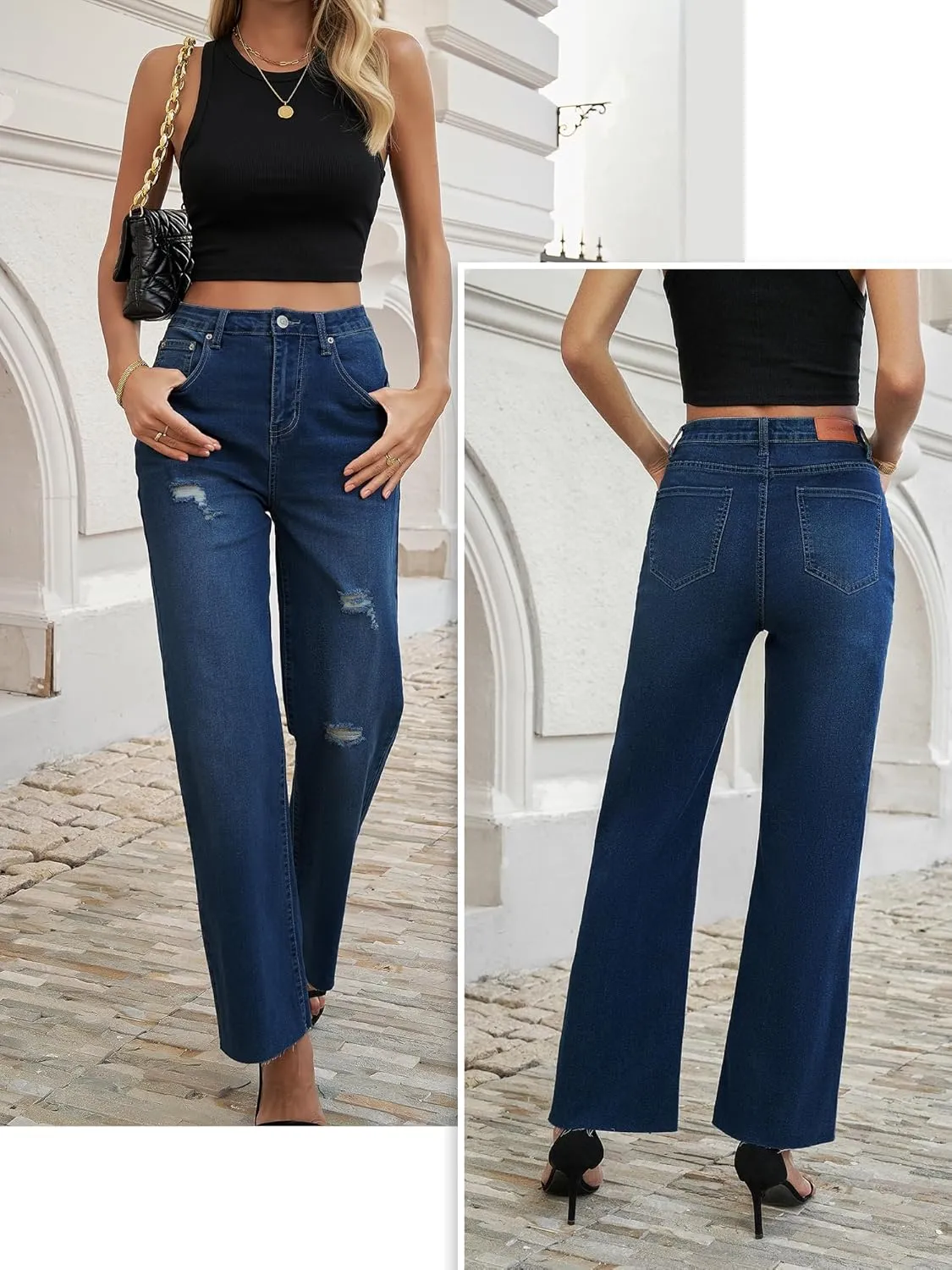 Genleck Women's Wide Leg Jeans - Casual High Waisted Stretchy Jeans Straight Leg Denim Pants with Pockets