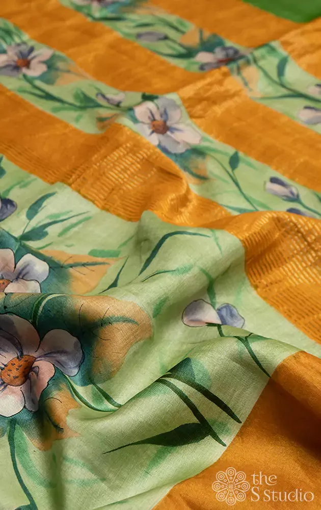 Green printed tussar saree with zari border