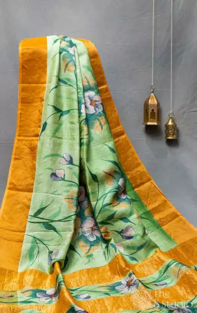 Green printed tussar saree with zari border