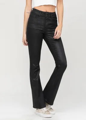 High Rise Double Button Black Coated Flare Jeans